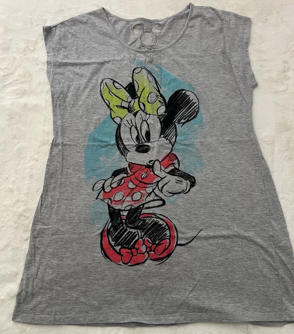 Disney Minnie Mouse Womens Gray Graphic Sleep Shirt Nightgown L XL 14-18